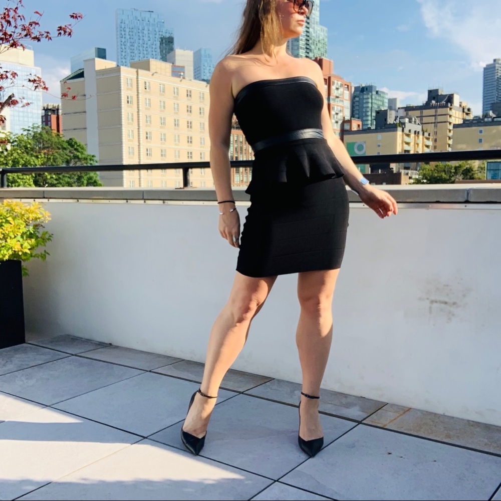 Bebe Strapless Bandage Faux Leather Peplum Bodycon Bandages Shaper Dress